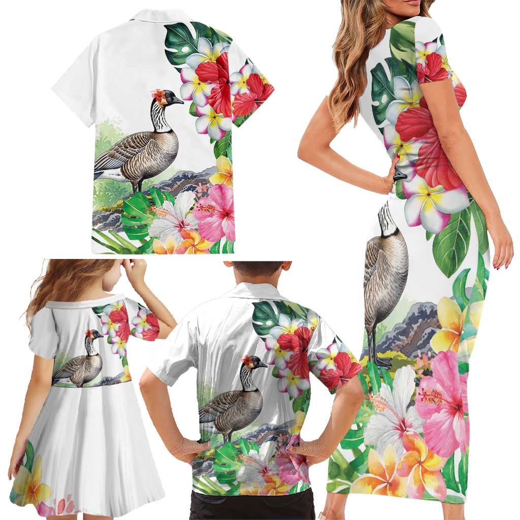Aloha Hawaii Nene Goose Family Matching Short Sleeve Bodycon Dress and Hawaiian Shirt Tropical Flowers Watercolor Stylized - Polynesian Pride