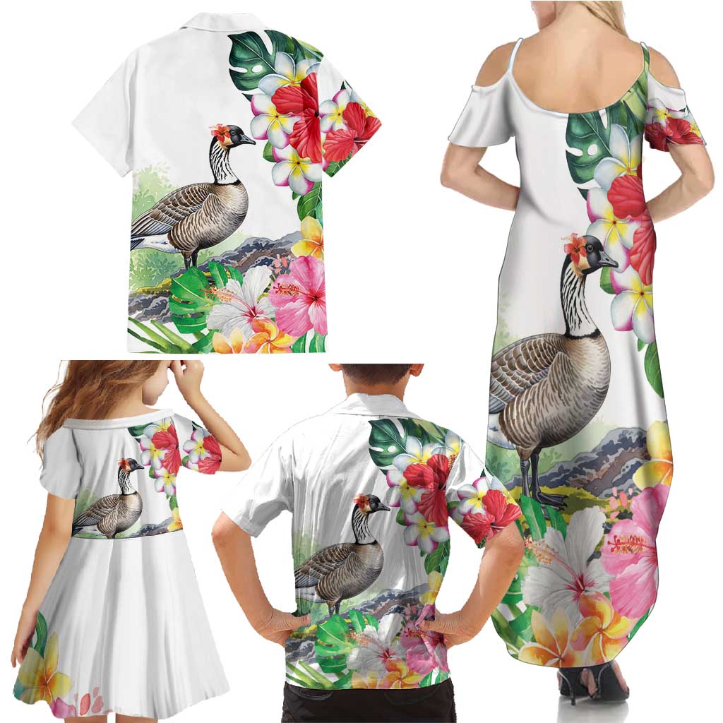 Aloha Hawaii Nene Goose Family Matching Summer Maxi Dress and Hawaiian Shirt Tropical Flowers Watercolor Stylized - Polynesian Pride