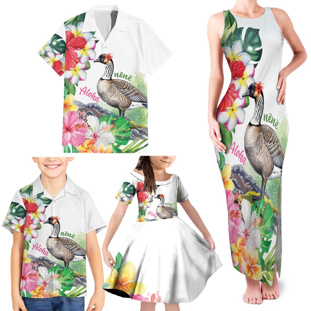 Aloha Hawaii Nene Goose Family Matching Tank Maxi Dress and Hawaiian Shirt Tropical Flowers Watercolor Stylized - Polynesian Pride