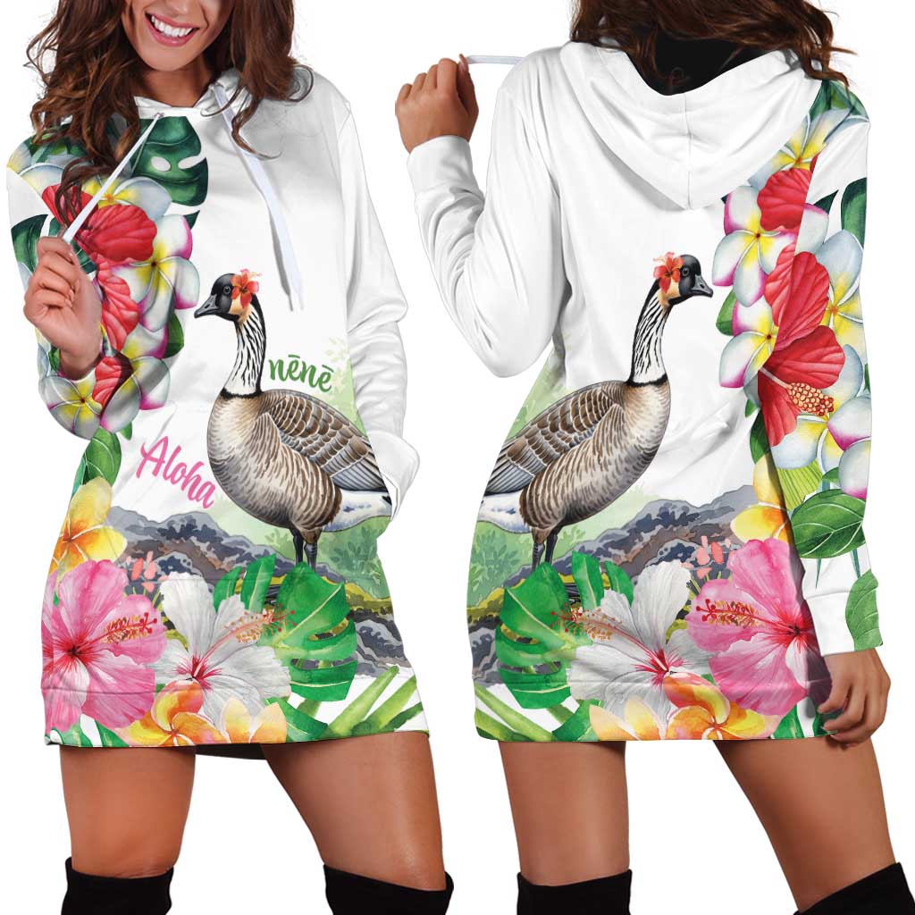 Aloha Hawaii Nene Goose Hoodie Dress Tropical Flowers Watercolor Stylized - Polynesian Pride