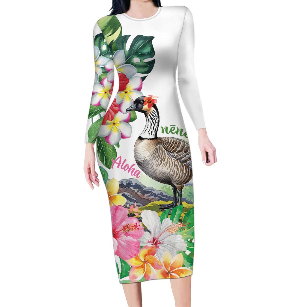 Aloha Hawaii Nene Goose Long Sleeve Bodycon Dress Tropical Flowers Watercolor Stylized - Polynesian Pride