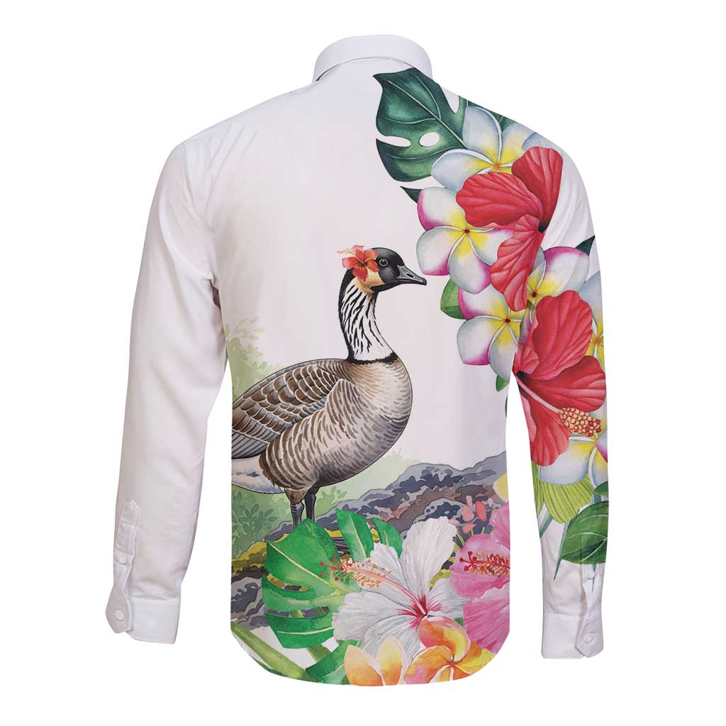 Aloha Hawaii Nene Goose Long Sleeve Button Shirt Tropical Flowers Watercolor Stylized - Polynesian Pride