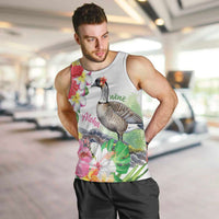 Aloha Hawaii Nene Goose Men Tank Top Tropical Flowers Watercolor Stylized - Polynesian Pride