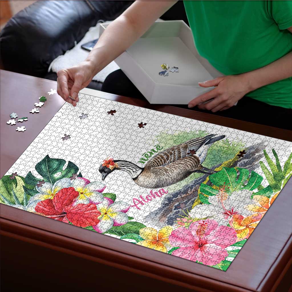 Aloha Hawaii Nene Goose Puzzle Tropical Flowers Watercolor Stylized - Polynesian Pride