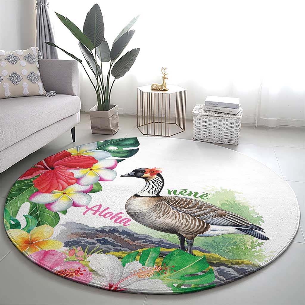 Aloha Hawaii Nene Goose Round Carpet Tropical Flowers Watercolor Stylized - Polynesian Pride