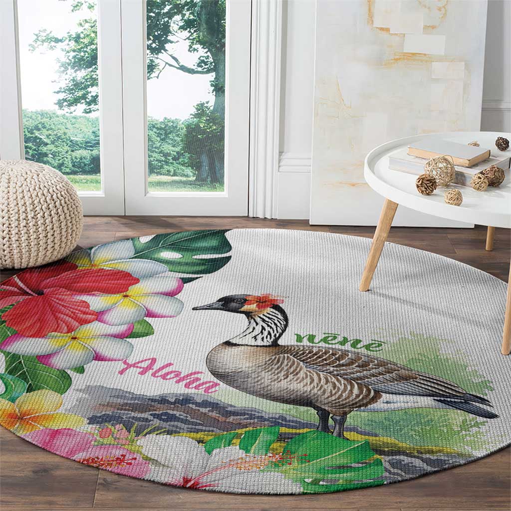 Aloha Hawaii Nene Goose Round Carpet Tropical Flowers Watercolor Stylized - Polynesian Pride