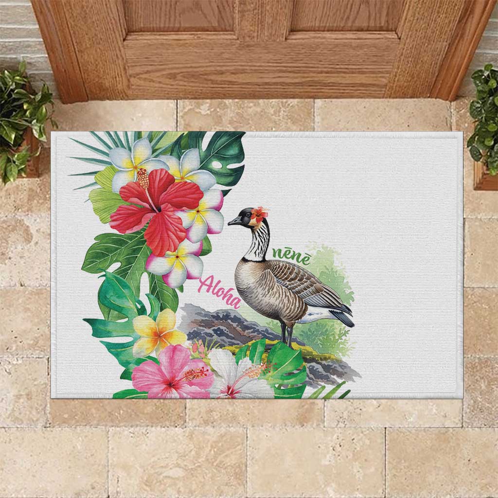 Aloha Hawaii Nene Goose Rubber Doormat Tropical Flowers Watercolor Stylized - Polynesian Pride
