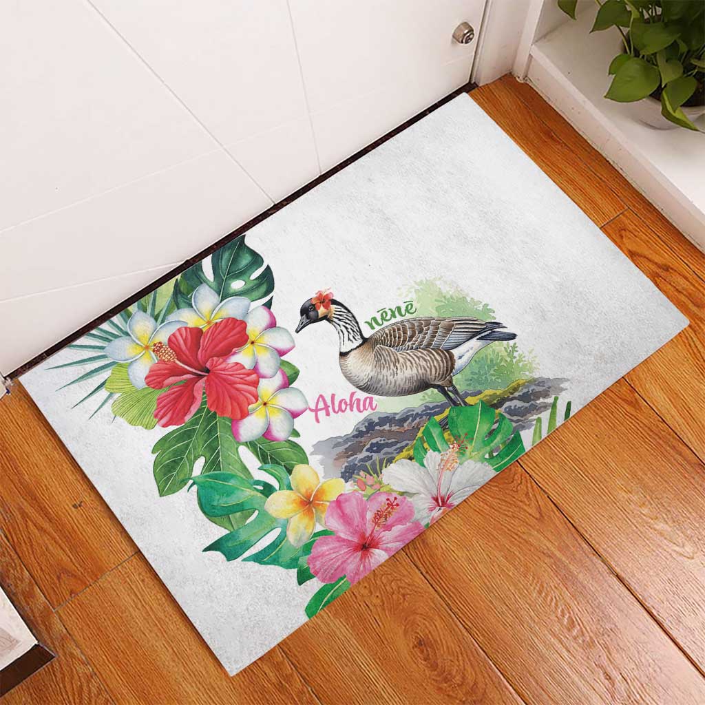 Aloha Hawaii Nene Goose Rubber Doormat Tropical Flowers Watercolor Stylized - Polynesian Pride