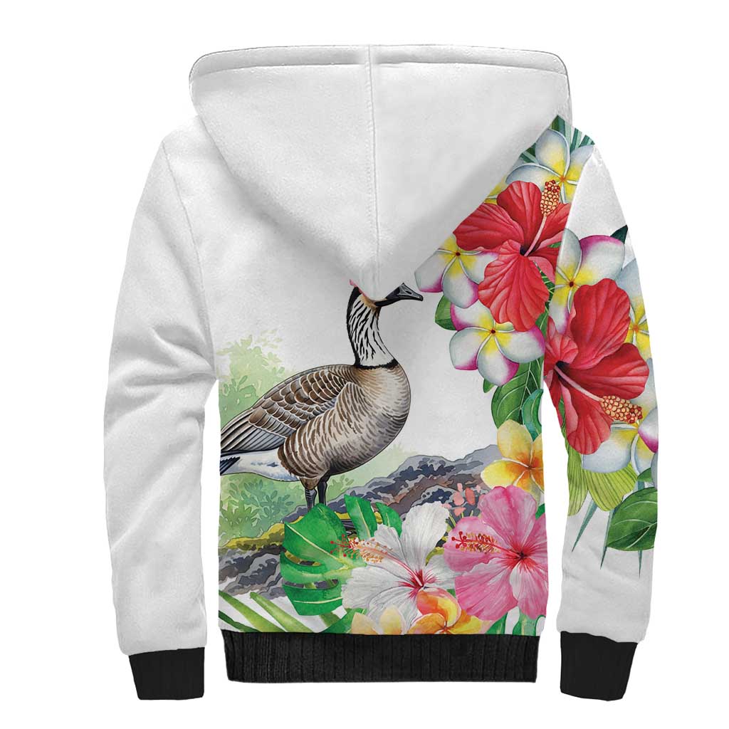 Aloha Hawaii Nene Goose Sherpa Hoodie Tropical Flowers Watercolor Stylized - Polynesian Pride