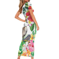 Aloha Hawaii Nene Goose Short Sleeve Bodycon Dress Tropical Flowers Watercolor Stylized - Polynesian Pride
