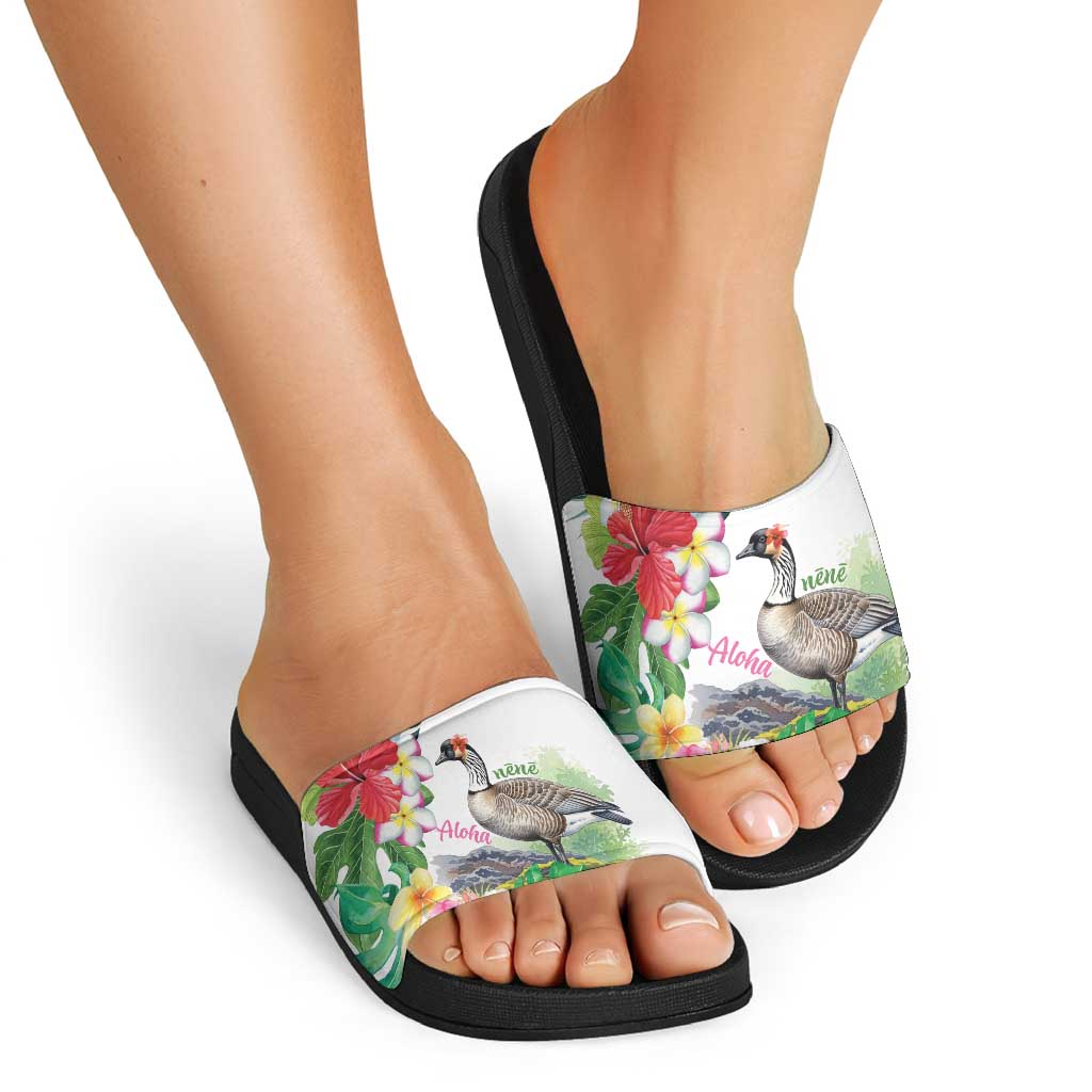 Aloha Hawaii Nene Goose Slide Sandals Tropical Flowers Watercolor Stylized - Polynesian Pride