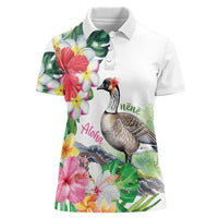 Aloha Hawaii Nene Goose Women Polo Shirt Tropical Flowers Watercolor Stylized - Polynesian Pride