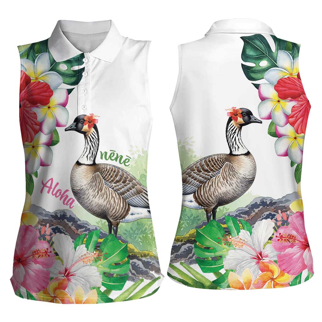 Aloha Hawaii Nene Goose Women Sleeveless Polo Shirt Tropical Flowers Watercolor Stylized - Polynesian Pride