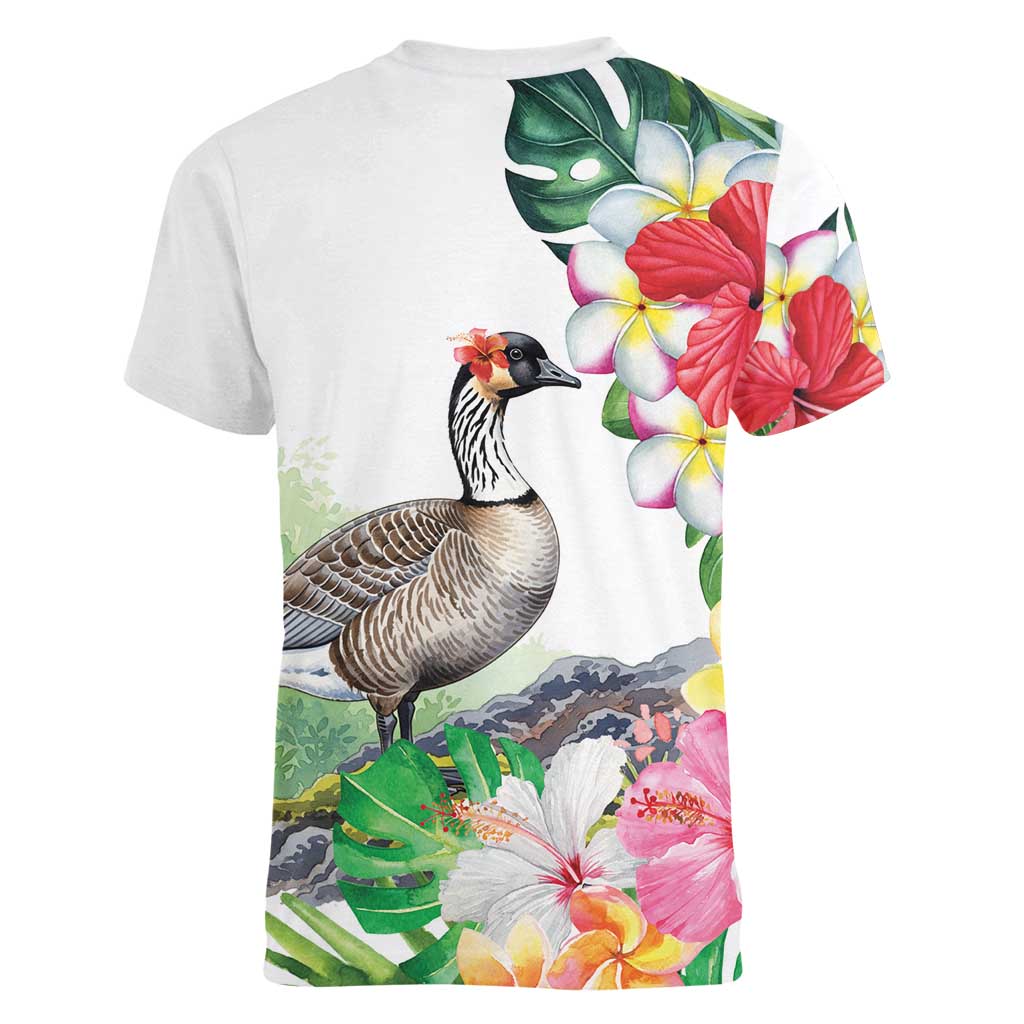 Aloha Hawaii Nene Goose Women V-Neck T-Shirt Tropical Flowers Watercolor Stylized - Polynesian Pride