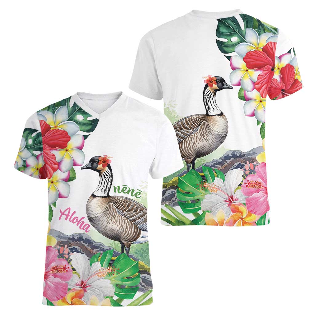 Aloha Hawaii Nene Goose Women V-Neck T-Shirt Tropical Flowers Watercolor Stylized - Polynesian Pride