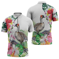 Aloha Hawaii Nene Goose Zipper Polo Shirt Tropical Flowers Watercolor Stylized - Polynesian Pride