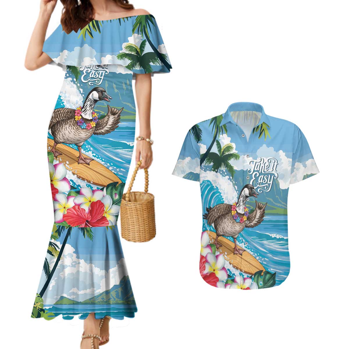 Aloha Hawaii Shaka Nene Goose Couples Matching Mermaid Dress and Hawaiian Shirt Surfing Take It Easy LT14 Blue - Polynesian Pride
