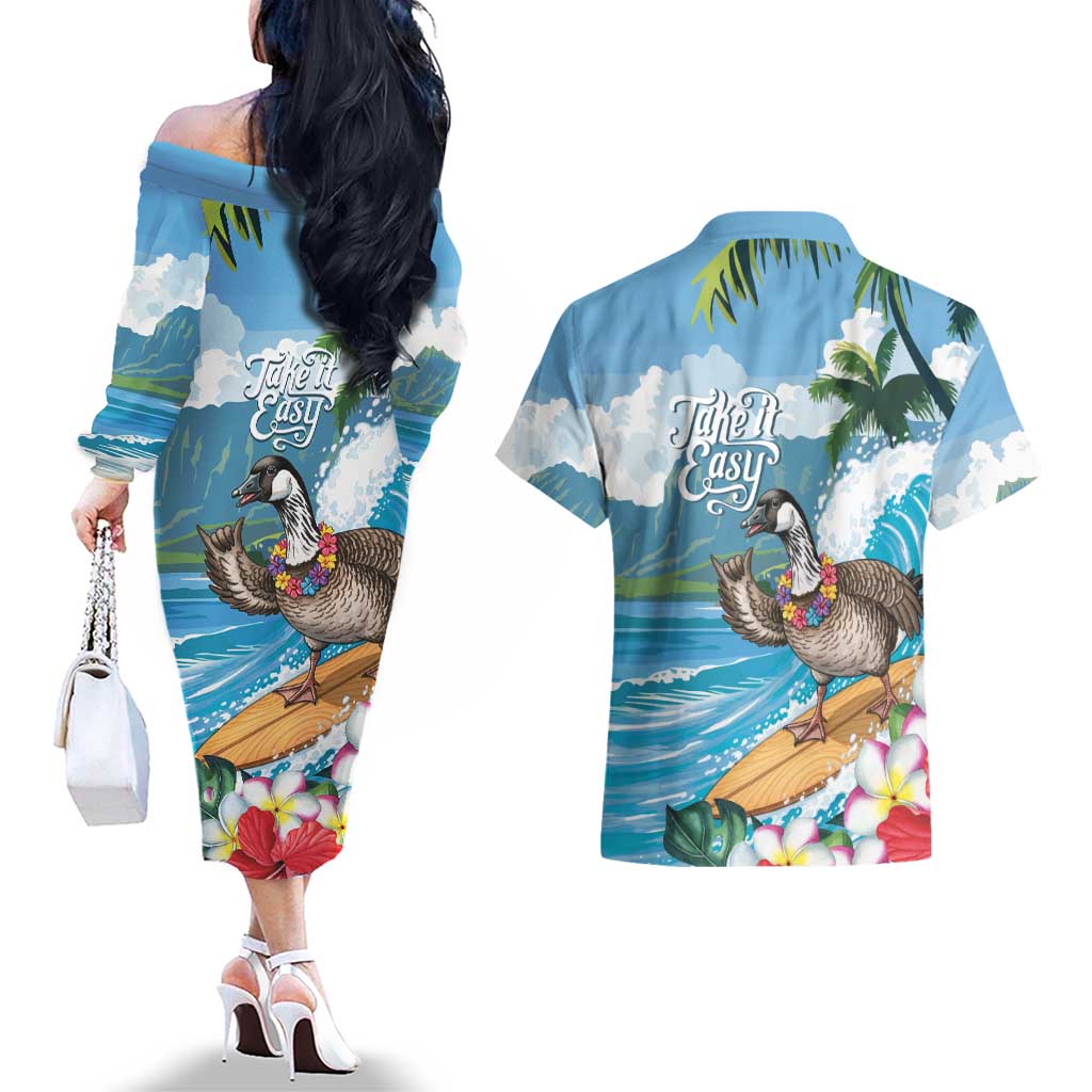 Aloha Hawaii Shaka Nene Goose Couples Matching Off The Shoulder Long Sleeve Dress and Hawaiian Shirt Surfing Take It Easy - Polynesian Pride