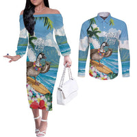 Aloha Hawaii Shaka Nene Goose Couples Matching Off The Shoulder Long Sleeve Dress and Long Sleeve Button Shirt Surfing Take It Easy LT14 Blue - Polynesian Pride