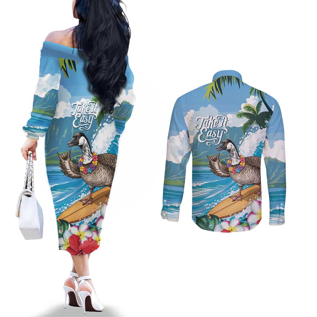 Aloha Hawaii Shaka Nene Goose Couples Matching Off The Shoulder Long Sleeve Dress and Long Sleeve Button Shirt Surfing Take It Easy LT14 - Polynesian Pride