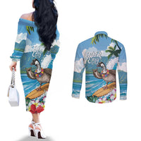 Aloha Hawaii Shaka Nene Goose Couples Matching Off The Shoulder Long Sleeve Dress and Long Sleeve Button Shirt Surfing Take It Easy LT14 - Polynesian Pride
