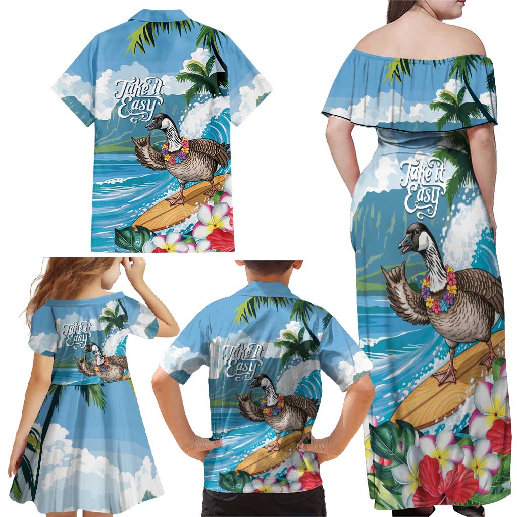 Aloha Hawaii Shaka Nene Goose Family Matching Off Shoulder Maxi Dress and Hawaiian Shirt Surfing Take It Easy LT14 - Polynesian Pride