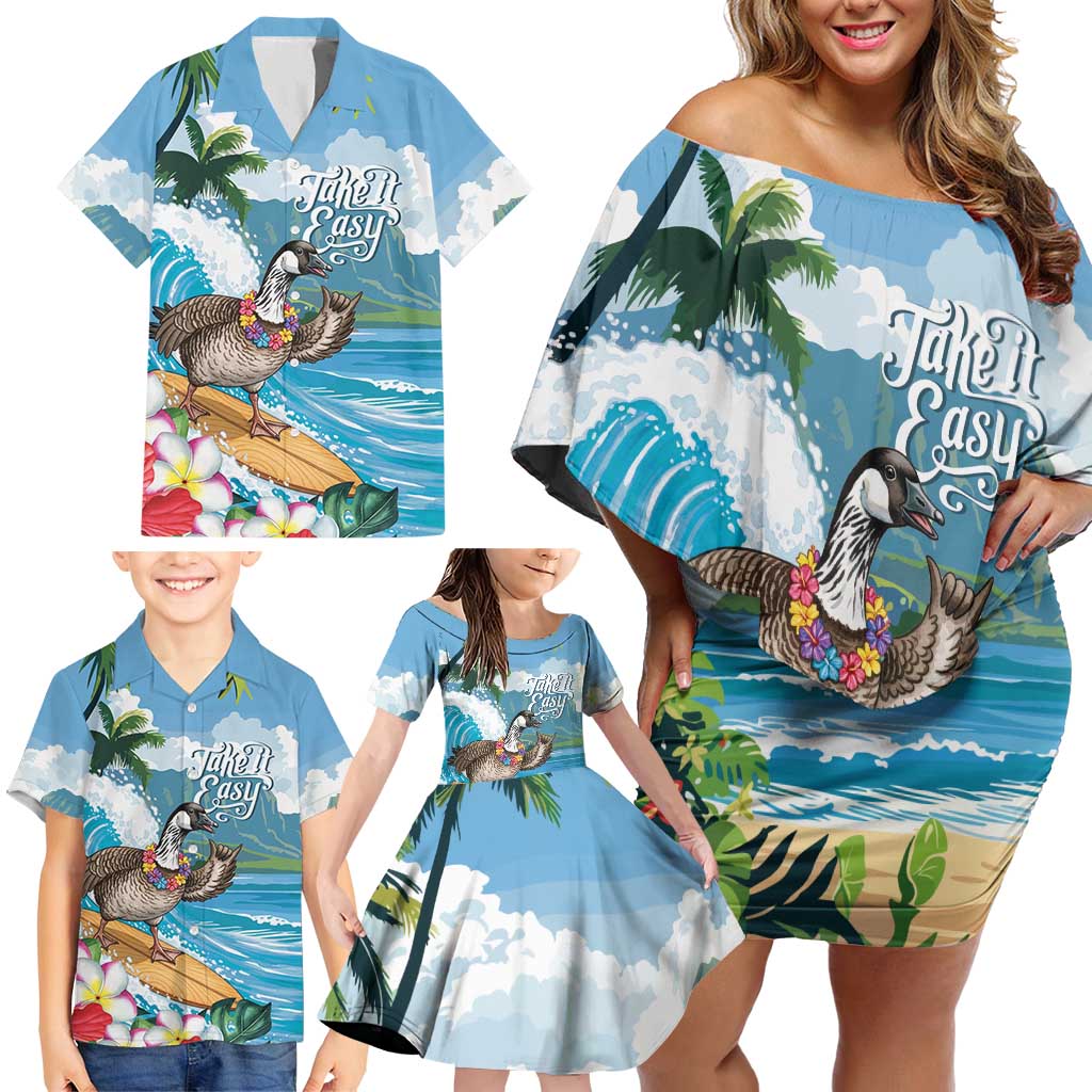 Aloha Hawaii Shaka Nene Goose Family Matching Off Shoulder Short Dress and Hawaiian Shirt Surfing Take It Easy LT14 - Polynesian Pride