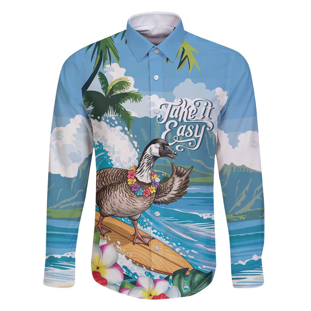Aloha Hawaii Shaka Nene Goose Family Matching Off Shoulder Short Dress and Hawaiian Shirt Surfing Take It Easy LT14 Dad's Shirt - Long Sleeve Blue - Polynesian Pride