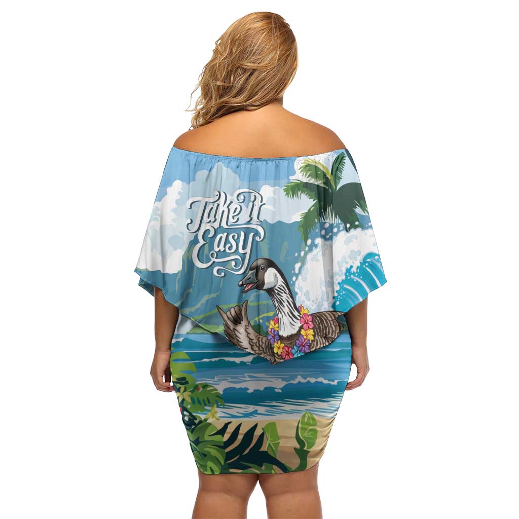 Aloha Hawaii Shaka Nene Goose Off Shoulder Short Dress Surfing Take It Easy - Polynesian Pride