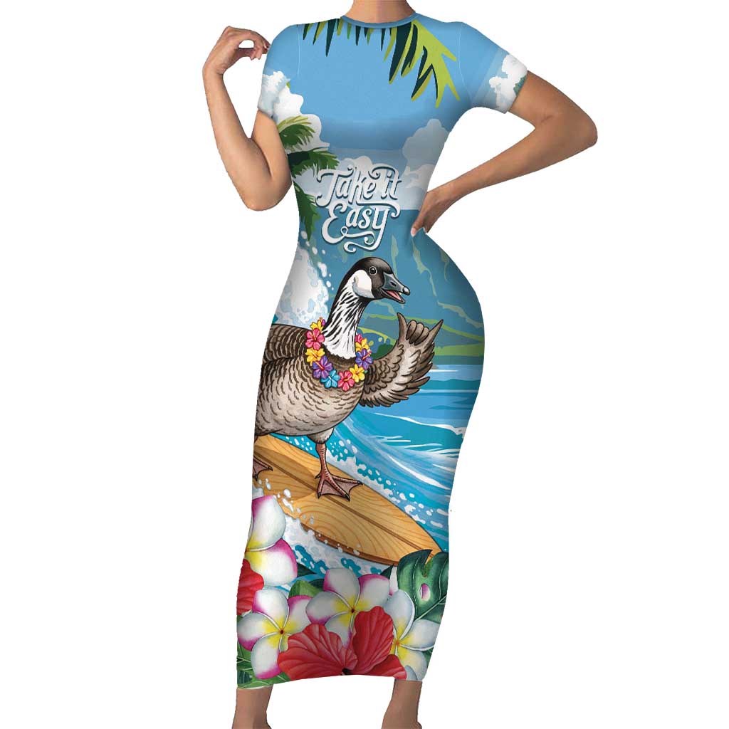 Aloha Hawaii Shaka Nene Goose Short Sleeve Bodycon Dress Surfing Take It Easy - Polynesian Pride