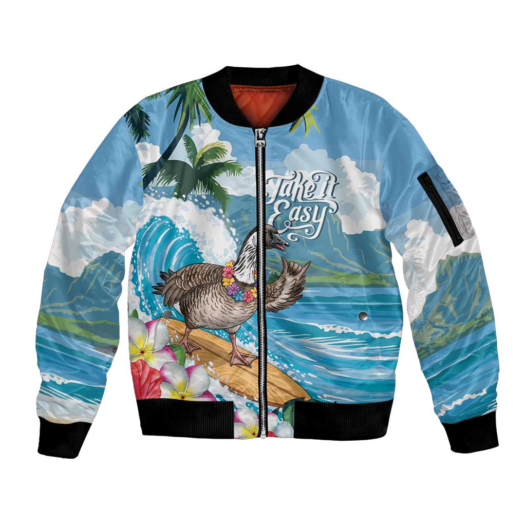 Aloha Hawaii Shaka Nene Goose Sleeve Zip Bomber Jacket Surfing Take It Easy - Polynesian Pride