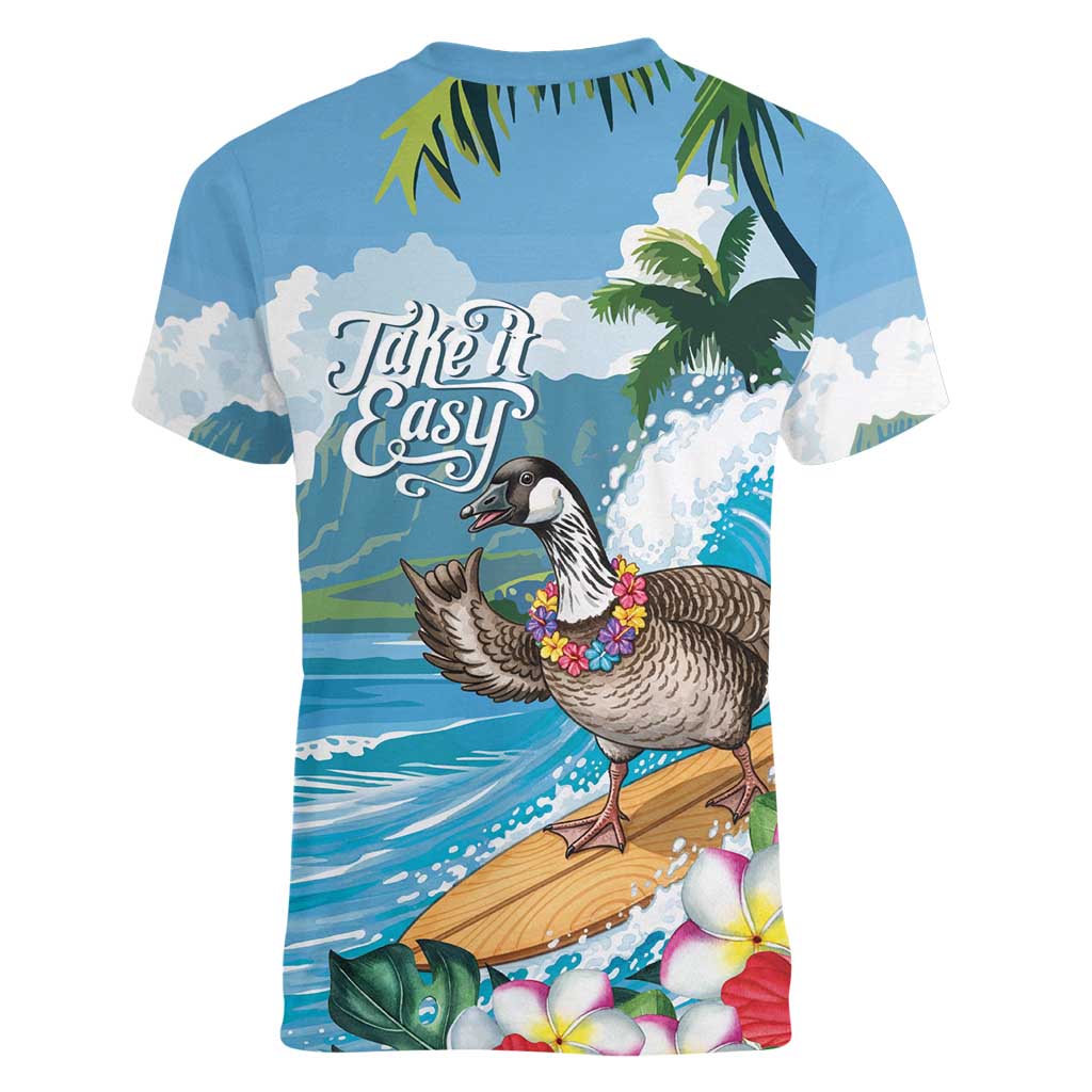 Aloha Hawaii Shaka Nene Goose Women V-Neck T-Shirt Surfing Take It Easy - Polynesian Pride
