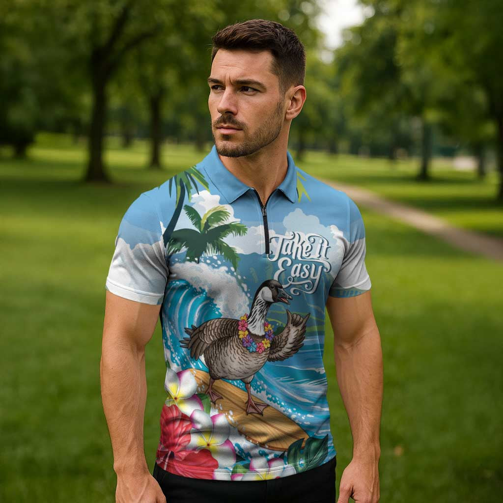 Aloha Hawaii Shaka Nene Goose Zipper Polo Shirt Surfing Take It Easy - Polynesian Pride