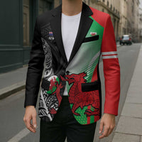 New Zealand and Wales Rugby Custom Blazer Aotearoa All Black Combine Welsh Dragon - Polynesian Pride