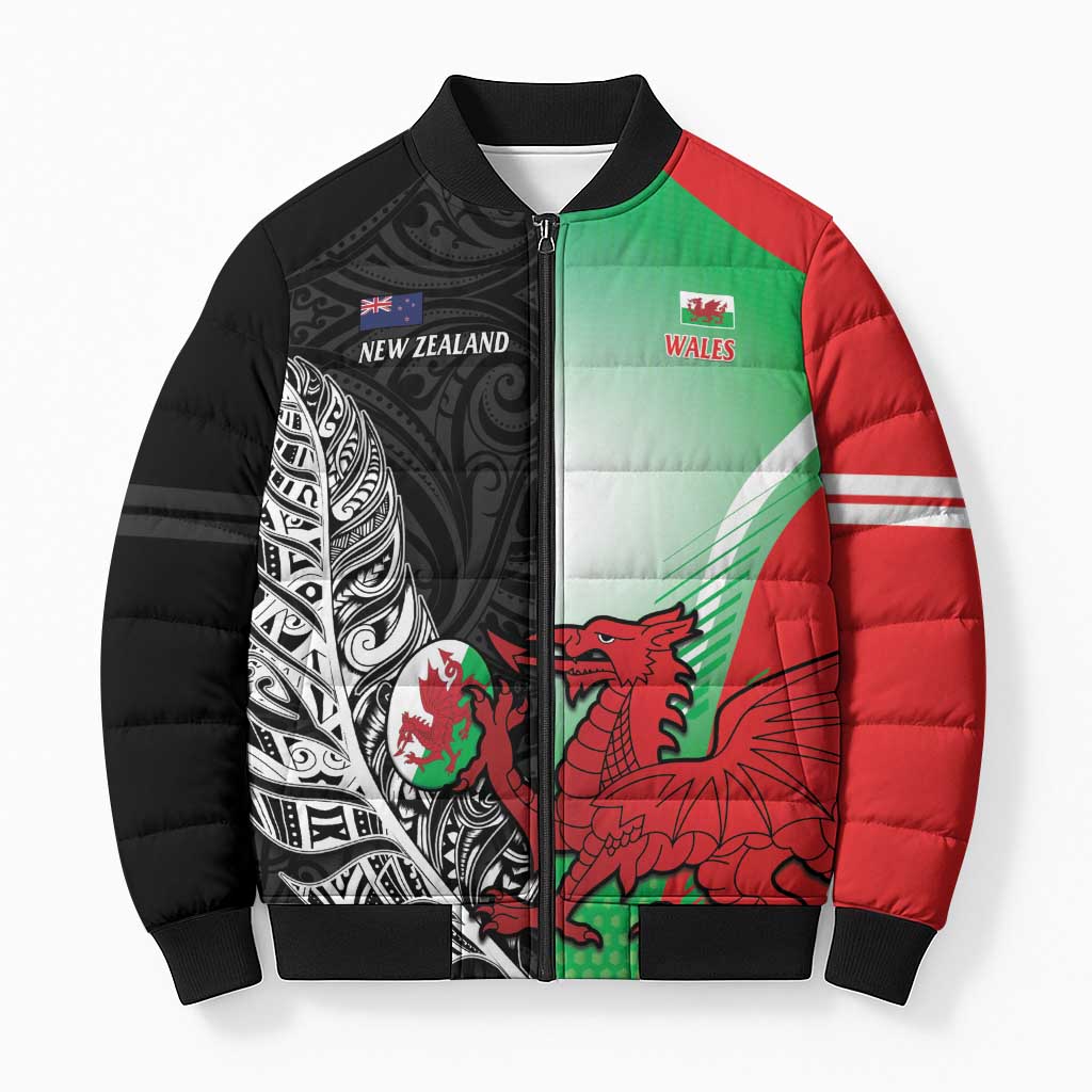 New Zealand and Wales Rugby Custom Bomber Puffer Jacket Aotearoa All Black Combine Welsh Dragon - Polynesian Pride