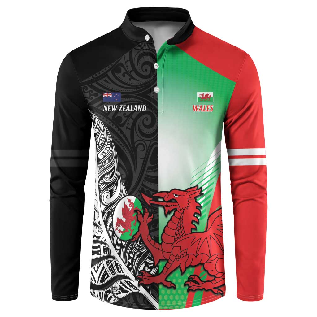 New Zealand and Wales Rugby Custom Button Sweatshirt Aotearoa All Black Combine Welsh Dragon - Polynesian Pride