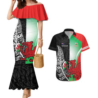 New Zealand and Wales Rugby Custom Couples Matching Mermaid Dress and Hawaiian Shirt Aotearoa All Black Combine Welsh Dragon - Polynesian Pride