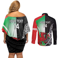 New Zealand and Wales Rugby Custom Couples Matching Off Shoulder Short Dress and Long Sleeve Button Shirt Aotearoa All Black Combine Welsh Dragon - Polynesian Pride
