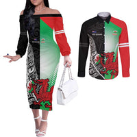 New Zealand and Wales Rugby Custom Couples Matching Off The Shoulder Long Sleeve Dress and Long Sleeve Button Shirt Aotearoa All Black Combine Welsh Dragon - Polynesian Pride