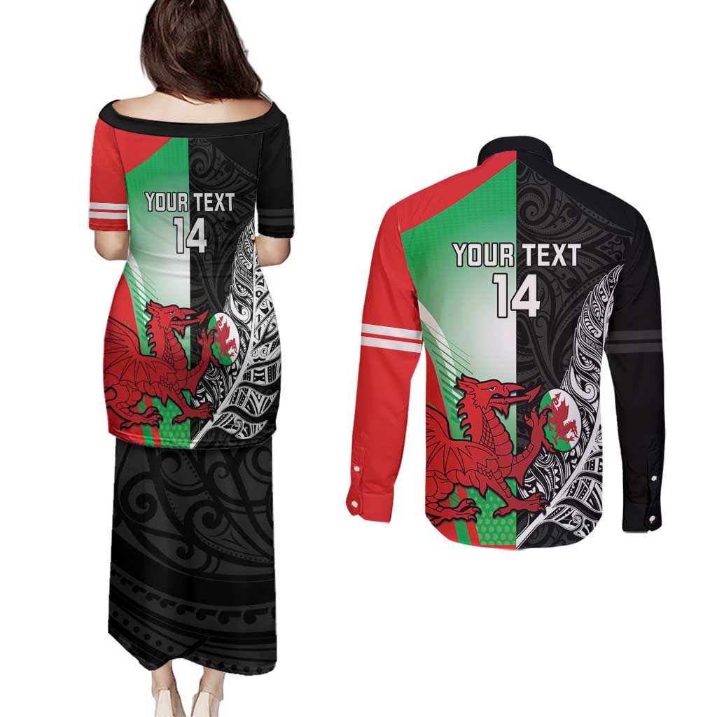 New Zealand and Wales Rugby Custom Couples Matching Puletasi and Long Sleeve Button Shirt Aotearoa All Black Combine Welsh Dragon - Polynesian Pride