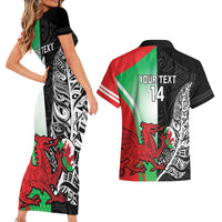 New Zealand and Wales Rugby Custom Couples Matching Short Sleeve Bodycon Dress and Hawaiian Shirt Aotearoa All Black Combine Welsh Dragon - Polynesian Pride