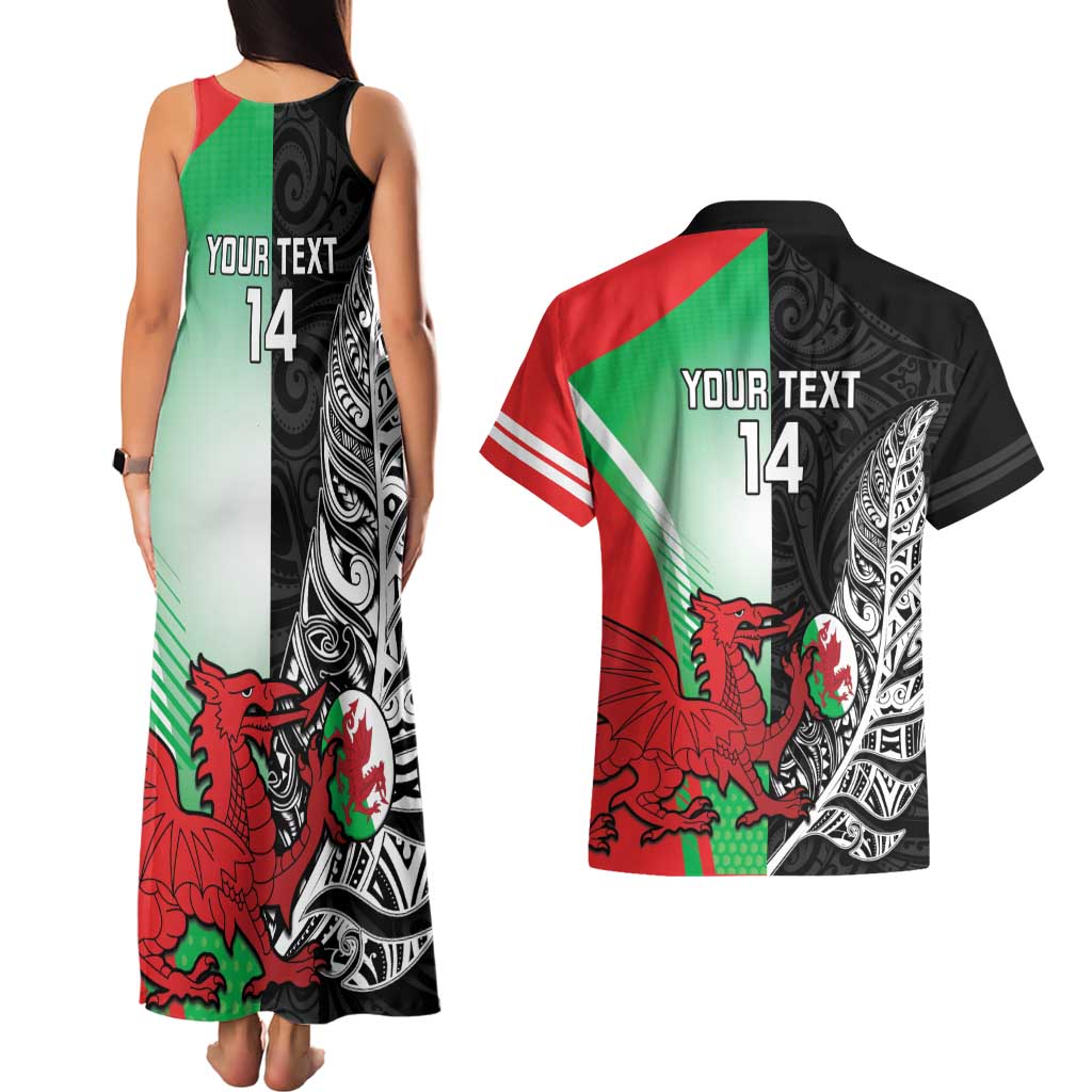 New Zealand and Wales Rugby Custom Couples Matching Tank Maxi Dress and Hawaiian Shirt Aotearoa All Black Combine Welsh Dragon - Polynesian Pride