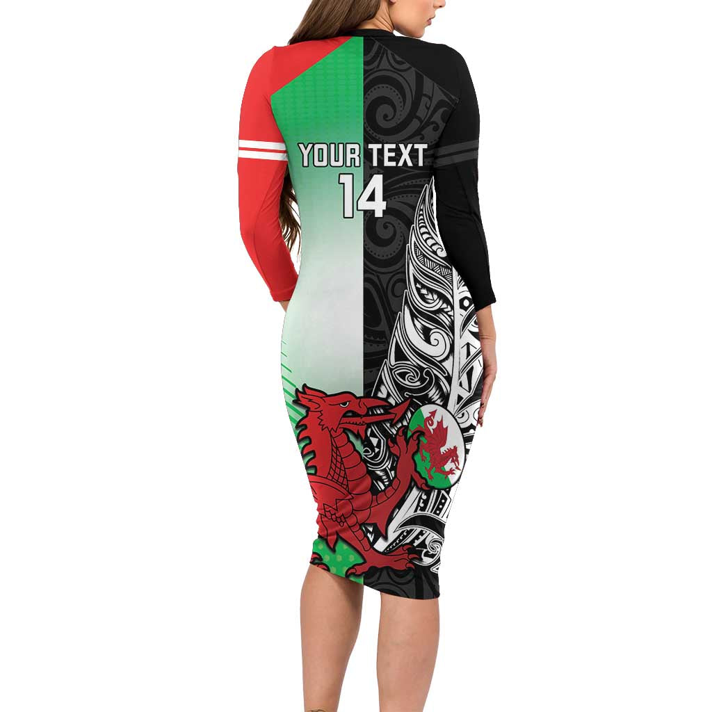 New Zealand and Wales Rugby Custom Family Matching Long Sleeve Bodycon Dress and Hawaiian Shirt Aotearoa All Black Combine Welsh Dragon - Polynesian Pride