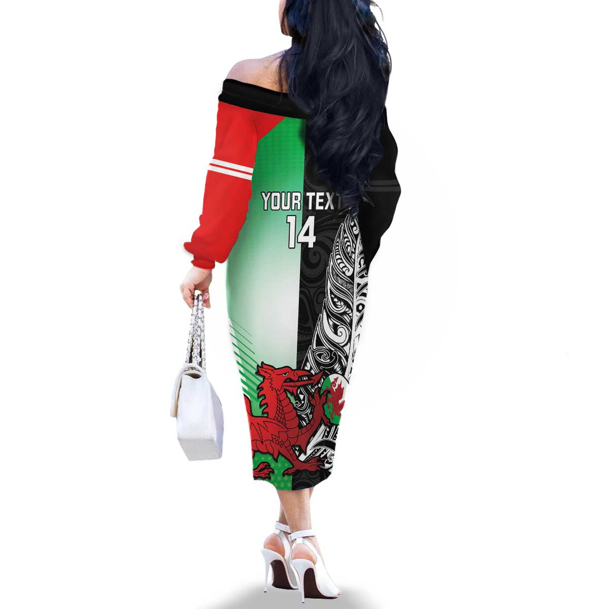 New Zealand and Wales Rugby Custom Family Matching Off The Shoulder Long Sleeve Dress and Hawaiian Shirt Aotearoa All Black Combine Welsh Dragon - Polynesian Pride