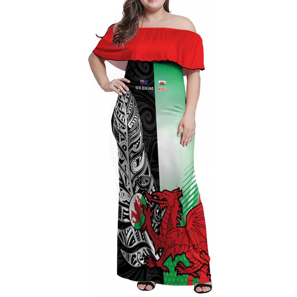 New Zealand and Wales Rugby Custom Family Matching Off Shoulder Maxi Dress and Hawaiian Shirt Aotearoa All Black Combine Welsh Dragon - Polynesian Pride