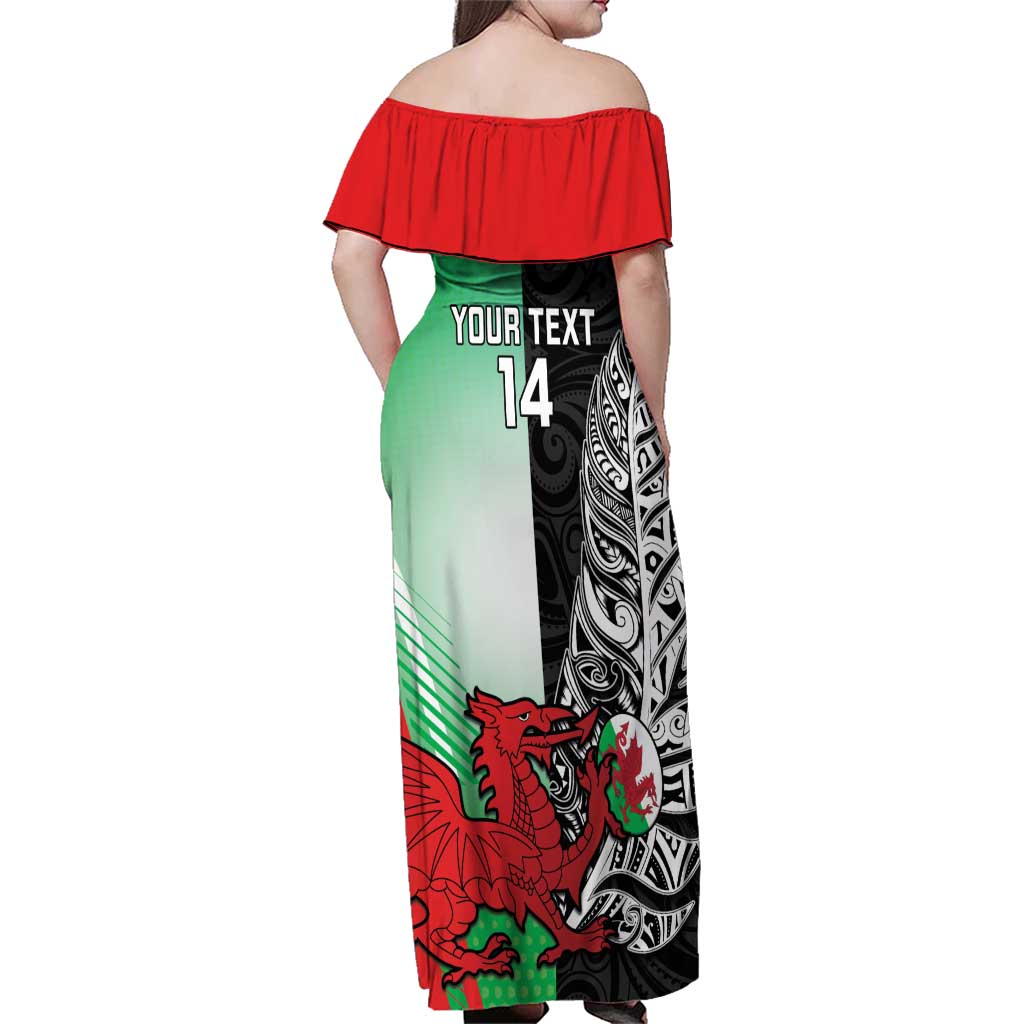 New Zealand and Wales Rugby Custom Family Matching Off Shoulder Maxi Dress and Hawaiian Shirt Aotearoa All Black Combine Welsh Dragon - Polynesian Pride