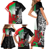 New Zealand and Wales Rugby Custom Family Matching Short Sleeve Bodycon Dress and Hawaiian Shirt Aotearoa All Black Combine Welsh Dragon - Polynesian Pride