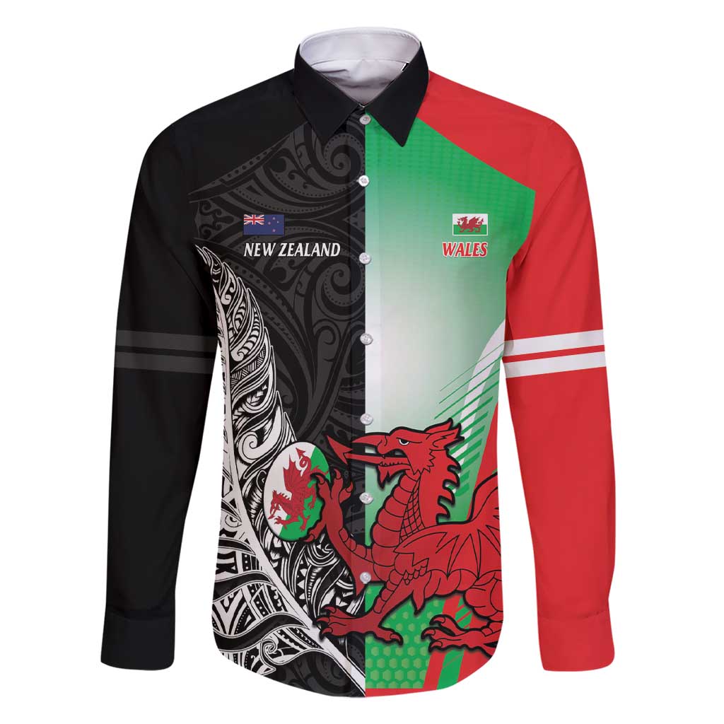 New Zealand and Wales Rugby Custom Family Matching Short Sleeve Bodycon Dress and Hawaiian Shirt Aotearoa All Black Combine Welsh Dragon - Polynesian Pride