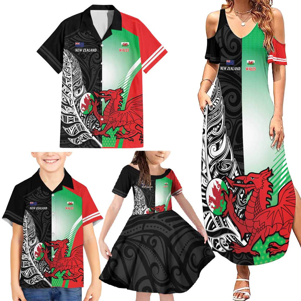 New Zealand and Wales Rugby Custom Family Matching Summer Maxi Dress and Hawaiian Shirt Aotearoa All Black Combine Welsh Dragon - Polynesian Pride