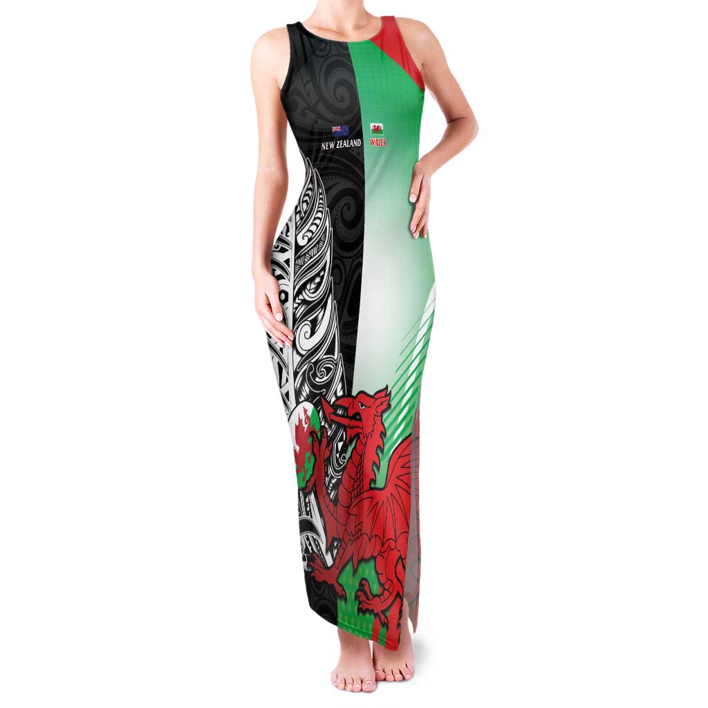 New Zealand and Wales Rugby Custom Family Matching Tank Maxi Dress and Hawaiian Shirt Aotearoa All Black Combine Welsh Dragon - Polynesian Pride